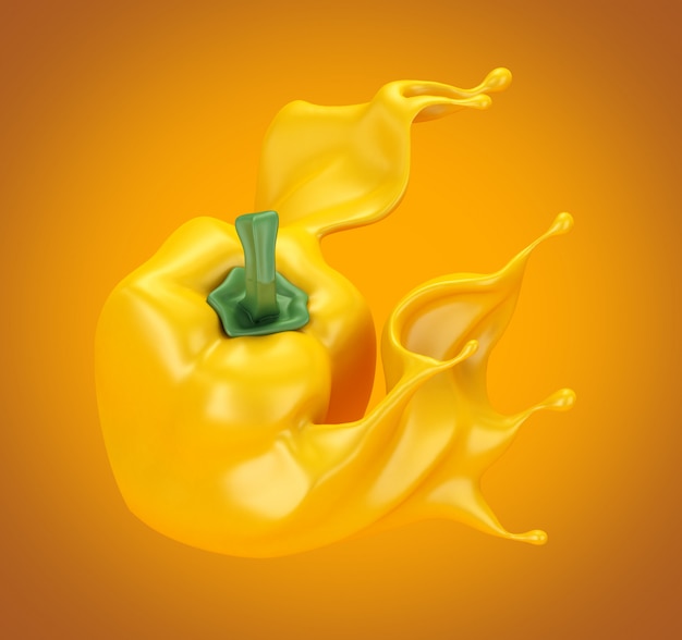 Yellow background with paprika and splash ketchup, sauce, juice. 3d illustration, 3d rendering