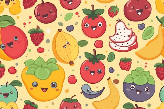 A yellow background with a pattern of fruits and berries.