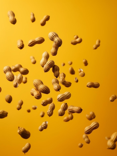 A yellow background with peanuts flying in the air