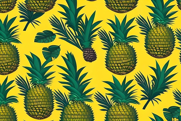 Foto uno sfondo giallo con ananas sopra e la parola ananas sul fondo.