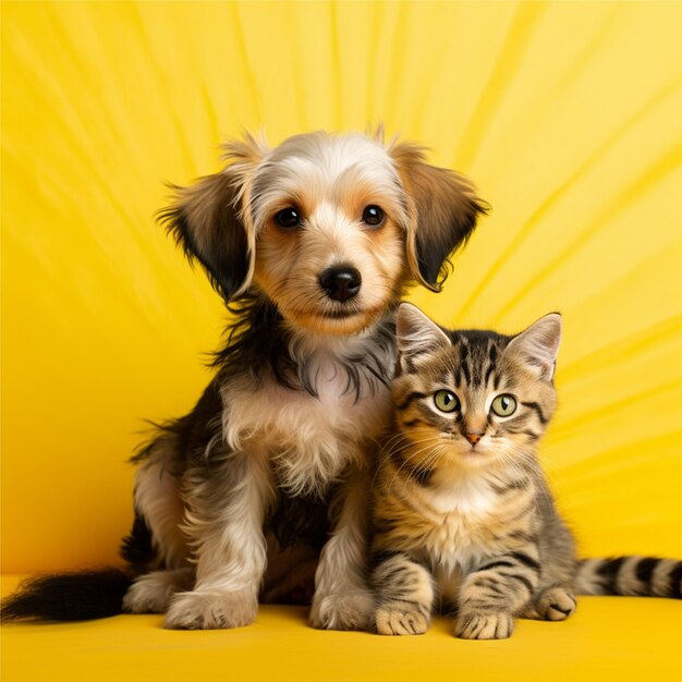 A yellow background with a puppy and a cat