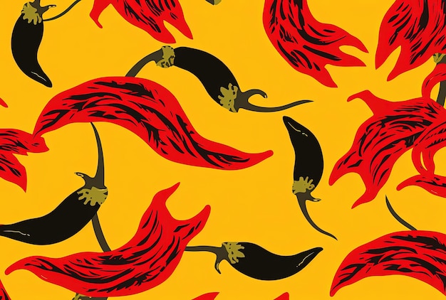 a yellow background with red chili peppers and chili peppers