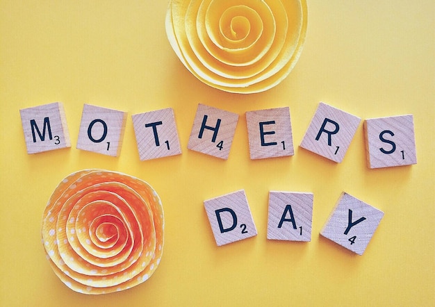 A yellow background with the words mother day and 1, 2, 2, 2, 3, 3, 3, 3, and paper hearts
