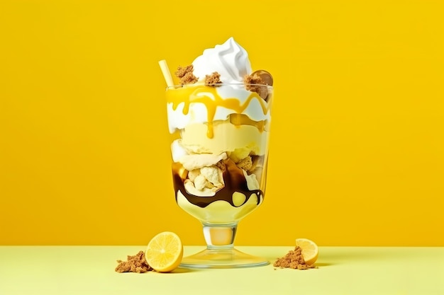 A yellow background with a yellow background and a yellow background with a dessert and a banana split sundae