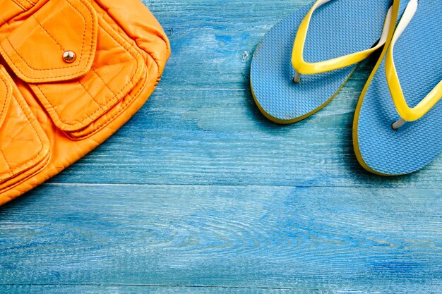 Yellow backpack and blue thorns on a wooden background