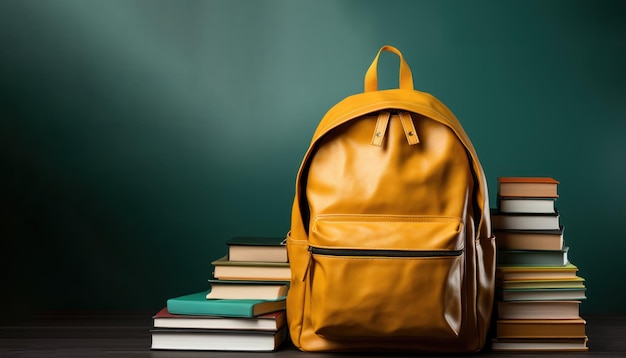 Yellow backpack books and chalk on green education pictures for website