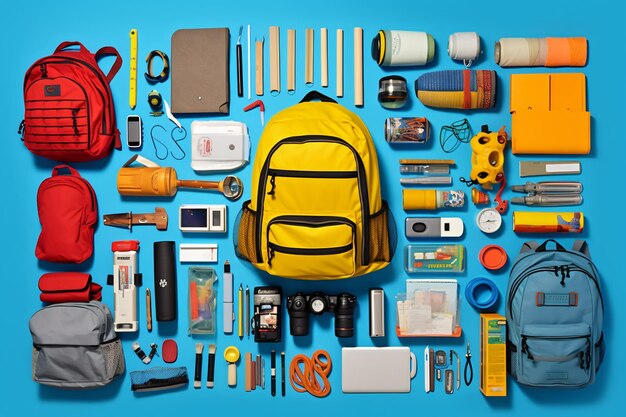 A yellow backpack is on a blue background with other items