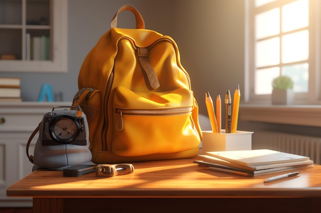 A yellow backpack is on a desk next to a clock and a clock.