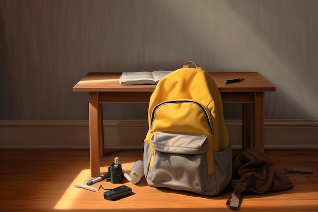 A yellow backpack is on the floor next to a book and a pen.