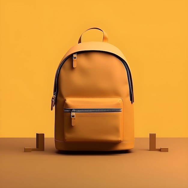A yellow backpack is on a table in front of a yellow background.