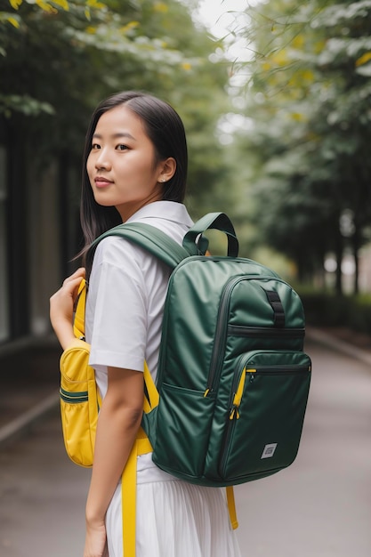 Желтый рюкзак Школьная сумка на зеленом фоне