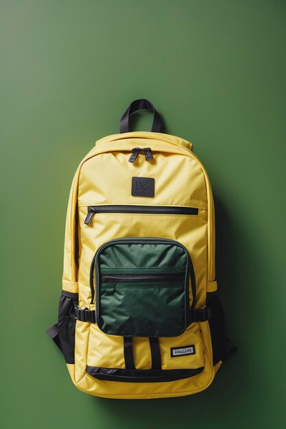 Yellow backpack School bag on green background