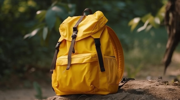 A yellow backpack sits on a rock in a forest.