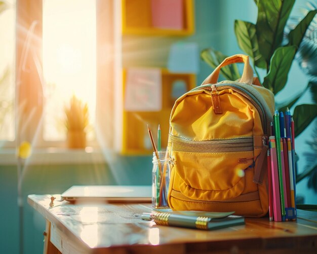 Photo a yellow backpack sits on a table with a book and a pen in the background