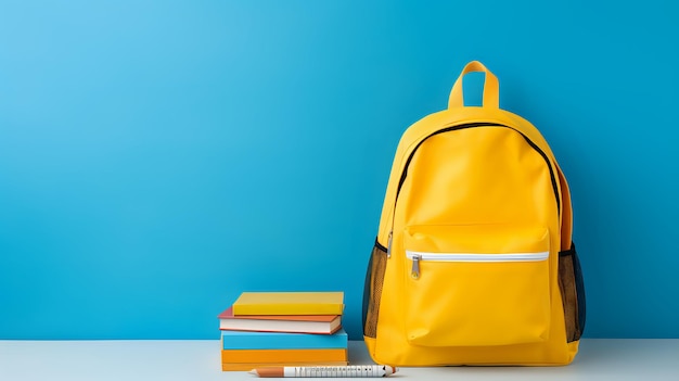A yellow backpack and a stack of books on a white table against
