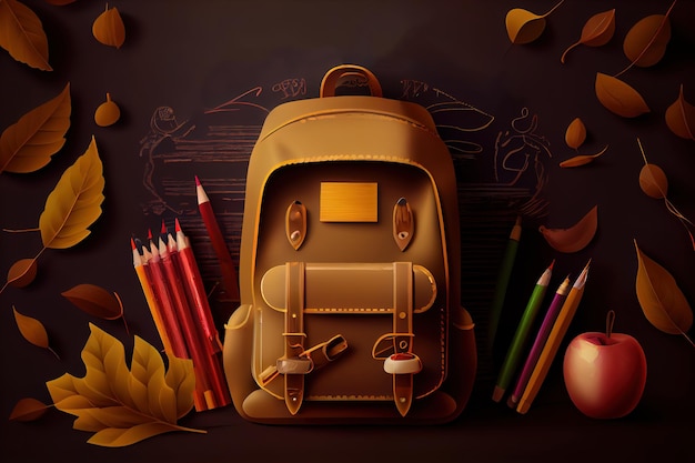 Yellow backpack with alarm clock and school equipment Generative Ai