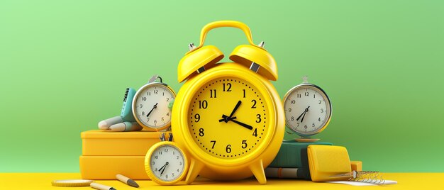 Yellow backpack with alarm clock and school equipment