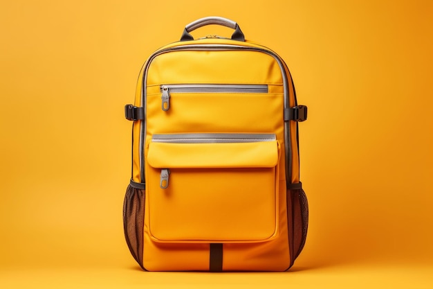 A yellow backpack with a black handle on a yellow background.