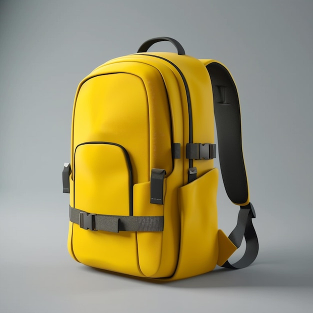 A yellow backpack with a black strap that says 