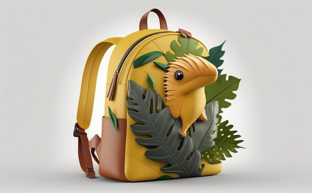 A yellow backpack with a dinosaur on it