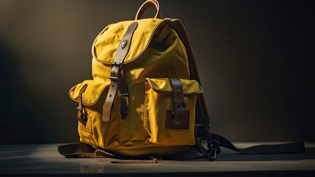 A yellow backpack with a leather strap sits on a table.