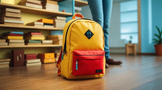 yellow backpack with red pocket and books