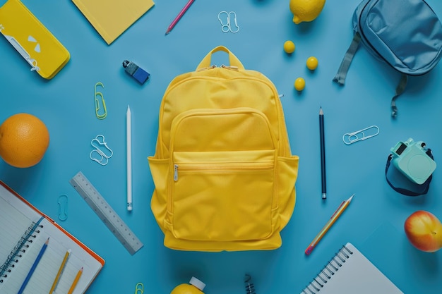 yellow backpack with school supplies