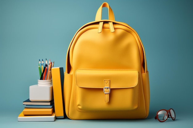 Yellow backpack with stationery on blue background Back to school concept