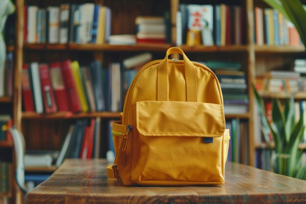 Photo yellow backpack on wooden table