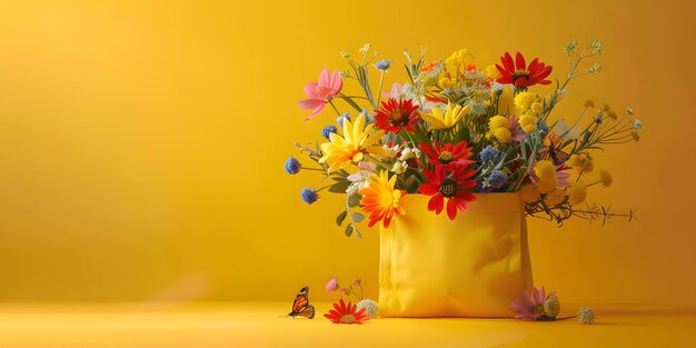 Yellow bag with flowers and butterflies on bright yellow background Gardening spring is here summer beginning or mothers day concept mockup banner with copy space