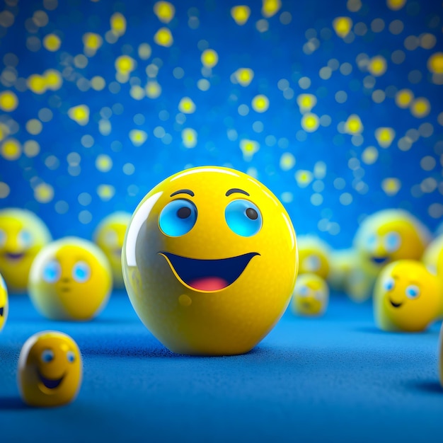 A yellow ball with blue eyes and a blue face with a blue background with small yellow dots.