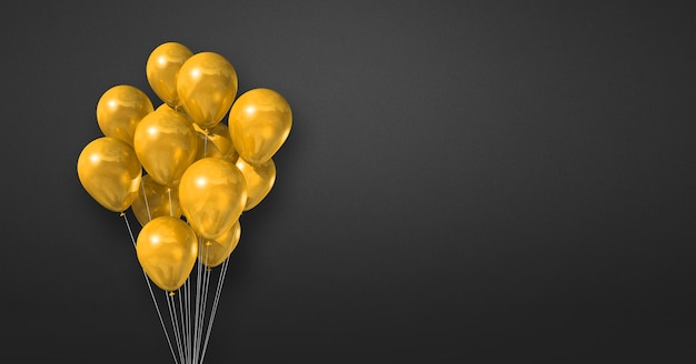 Yellow balloons bunch on a black wall background. Horizontal banner. 3D illustration render