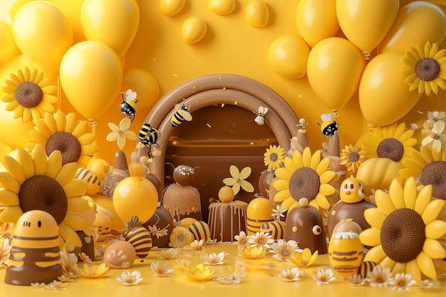 Желтые воздушные шары и подсолнечники расположены вокруг комнаты на тему пчел