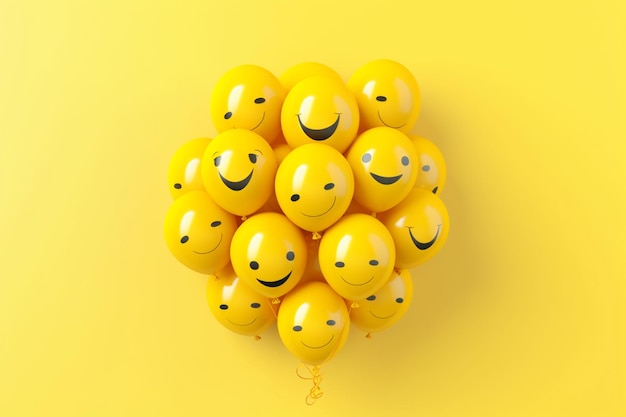 Yellow balloons with smiley faces are arranged in a heart shape generative ai