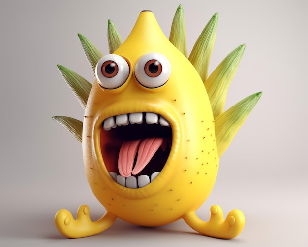 yellow banana fruity monster mascotte 3d render