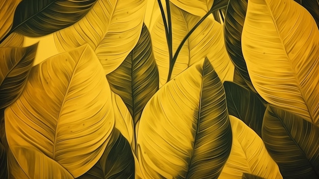 A yellow banana leaf wallpaper that is printed on a black background