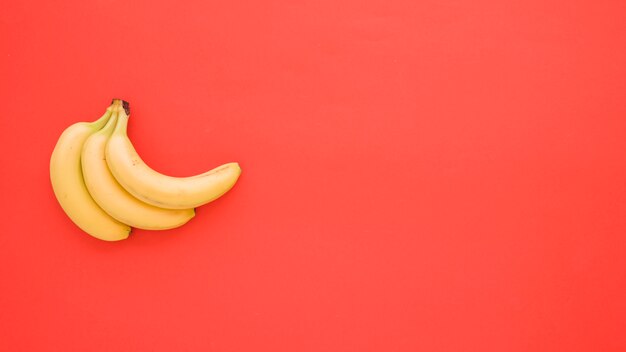 Photo yellow bananas on red background with copy space for writing the text