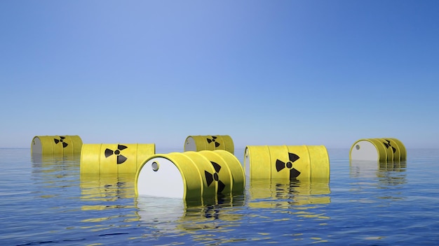 Yellow barrels for radioactive biohazard waste floating on sea surface