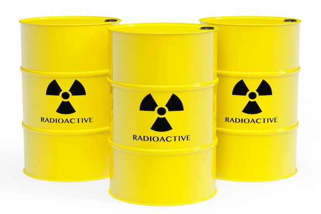 Yellow barrels with radioactive materials and warning sign on a white background