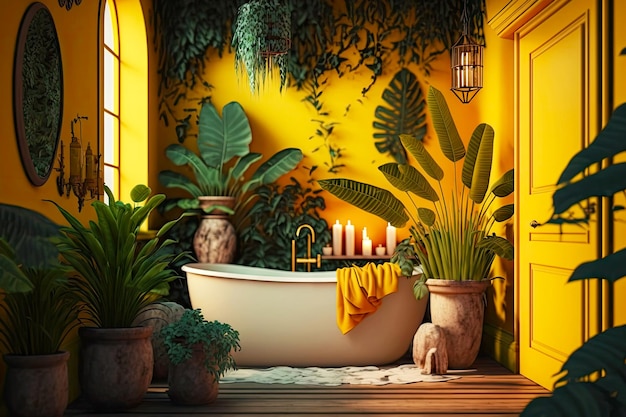 Yellow bathroom with candles and tropical plants in bathtub created with generative ai