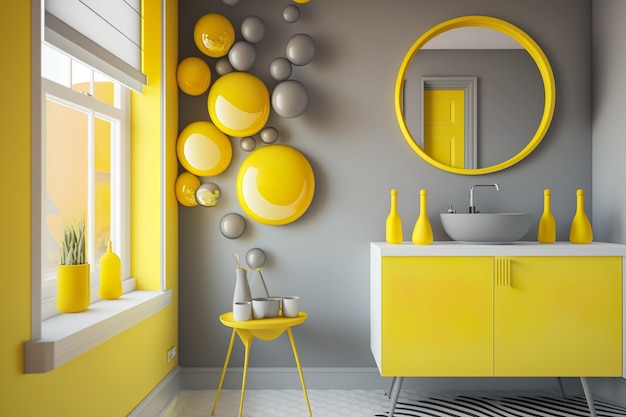 A yellow bathroom with a mirror and a sink with a mirror that says'yellow '