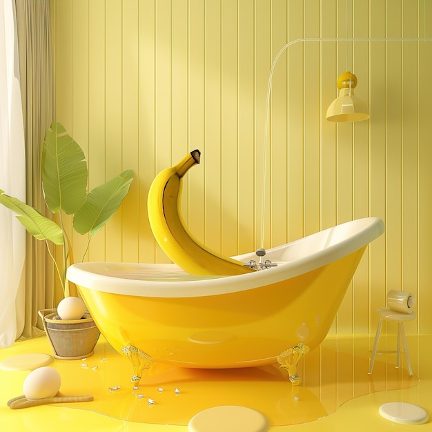 a yellow bathtub with a banana on the side and a yellow tub with a shower curtain behind it