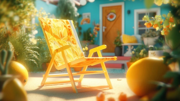 A Yellow Beach Chair in front of Blue House Summer Background