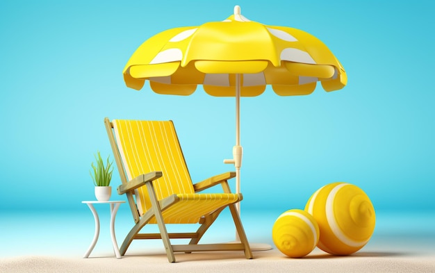 해변 생성 ai에 노란색 우산과 노란색 공이 있는 노란색 해변 의자