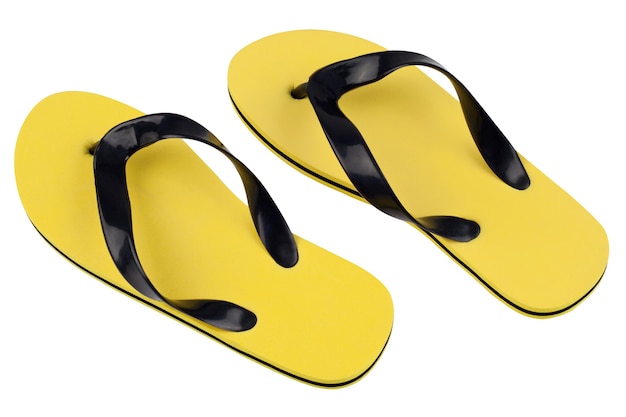 Yellow beach flip flops on white background