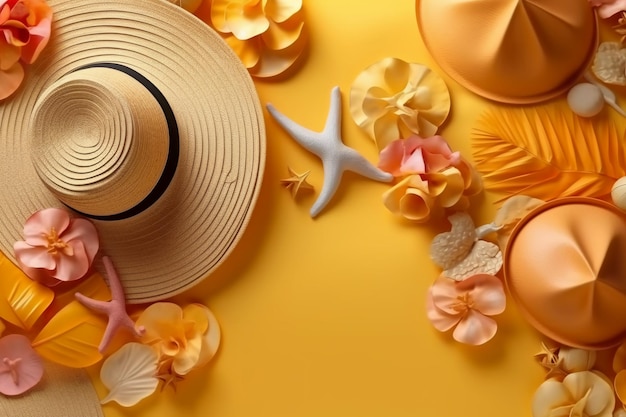 A yellow beach hat with a starfish on it