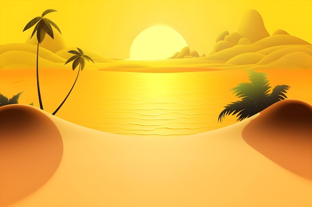 A yellow beach scene with a sunset and palm trees