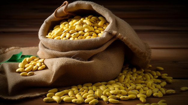 Yellow beans spill from a rustic sack AI Generated