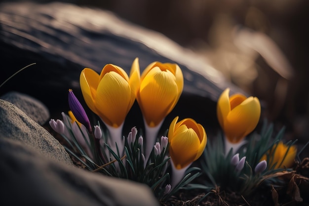 Yellow beautiful crocusesThe beauty of nature Generative AI