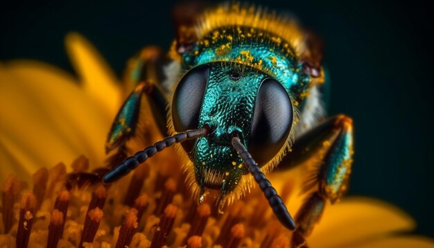 Желтая пчела опыляет зеленые растения. Острое внимание на крыльях животных, генерируемых искусственным интеллектом.